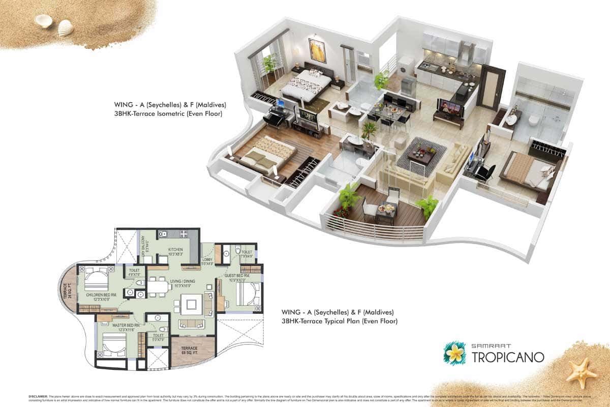 Wing A 3BHK - Terrace Isometric & Typical Plan (Even Floor)